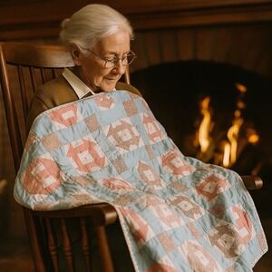 Handmade Baby Quilt Blue Pink White Floral‎ Patchwork lap quilt #4000